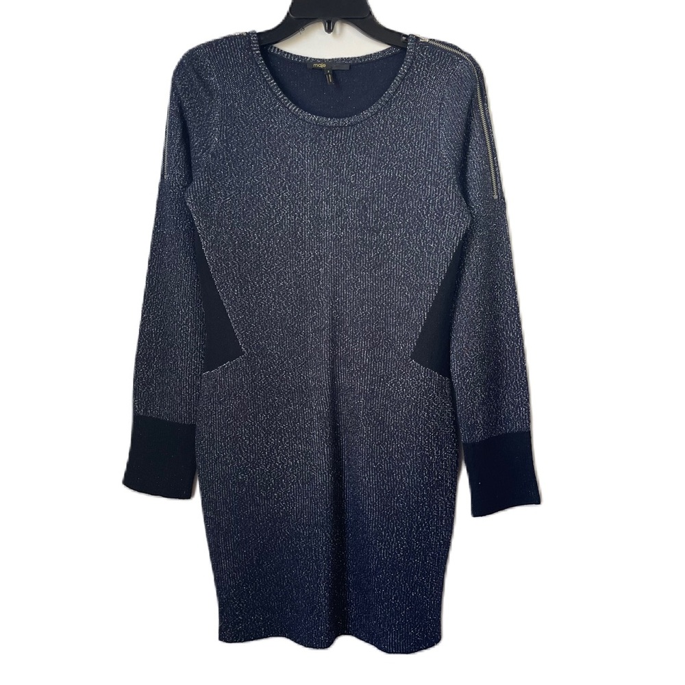 Maje knitted knee length long sleeve silver metallic sweater shift dress siz 2/M - Picture 1 of 12